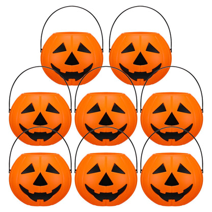 Beeveer 8 Pcs Plastic Pumpkin Buckets Trick or Treat Halloween Candy Baskets with Handle 6.7 x 5.1 Inches Plastic Pumpkin Large Candy Basket for Halloween Trick or Treat Party Supplies (Funny)