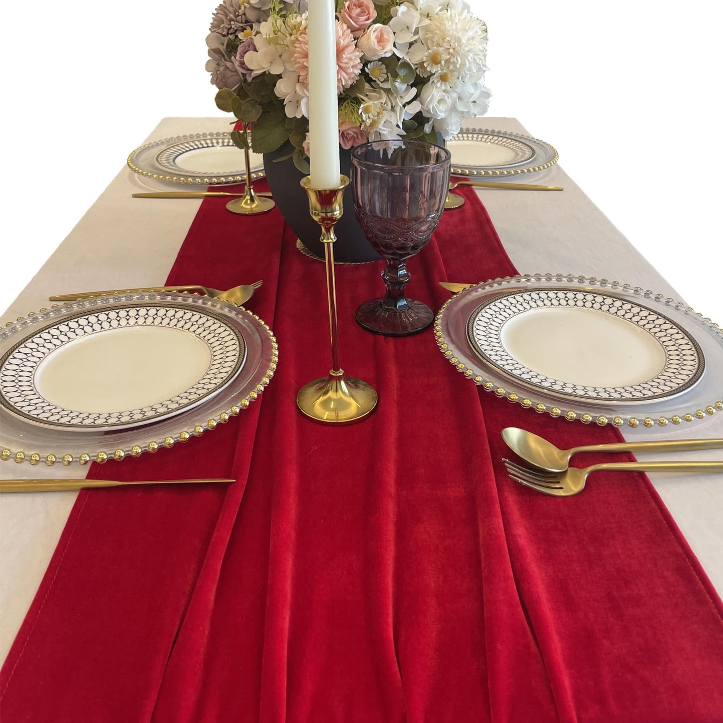 BTF HOME Velvet Table Runner, 10ft Luxurious Wedding Reception Decorations Soft Velvet Fabric Table Linen Overlay for Party (20 x 120 inch, Red)