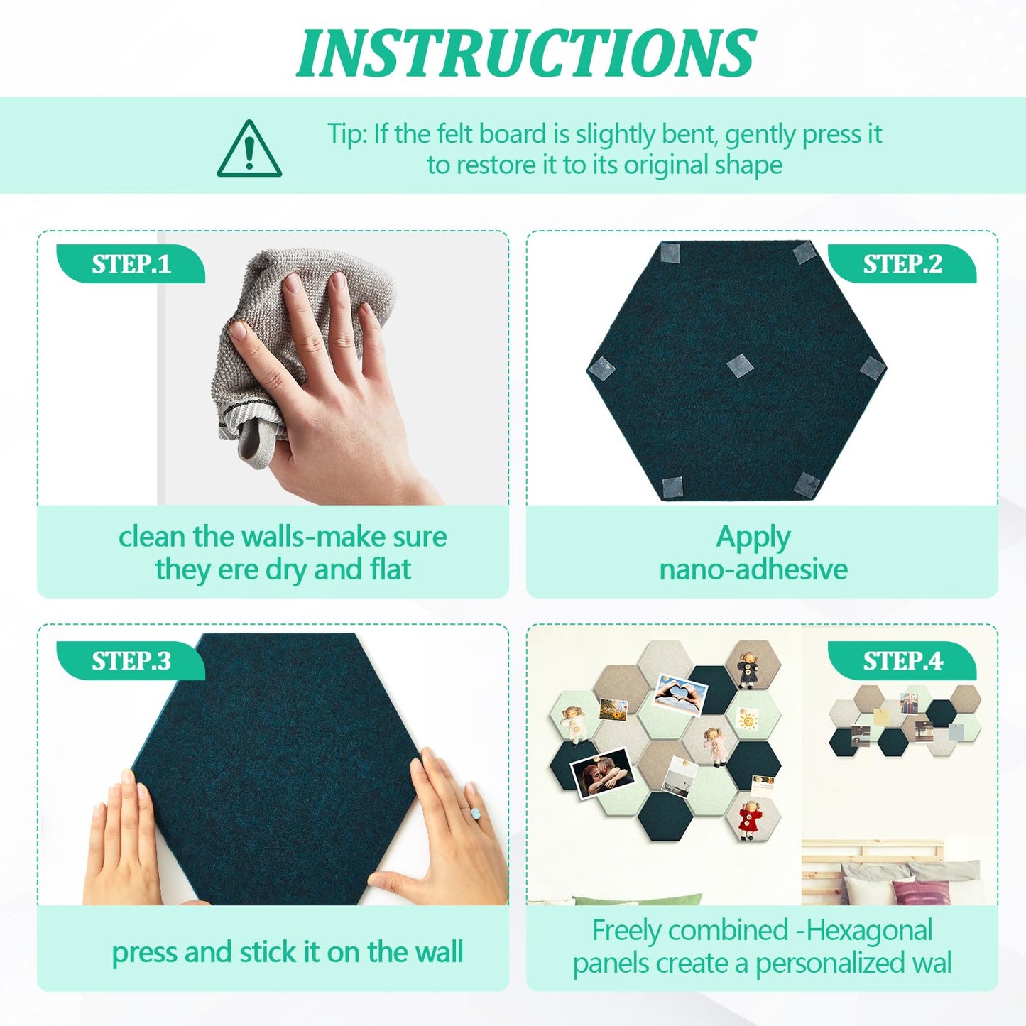 Mindsoft 32 Pcs 12'' x 10' Hexagon Felt Cork Board Tiles with 50 Wooden Push Pins, Felt DIY Bulletin Board with 4 Tape for Office School Home Wall Decor Stickers Memos Photos Display