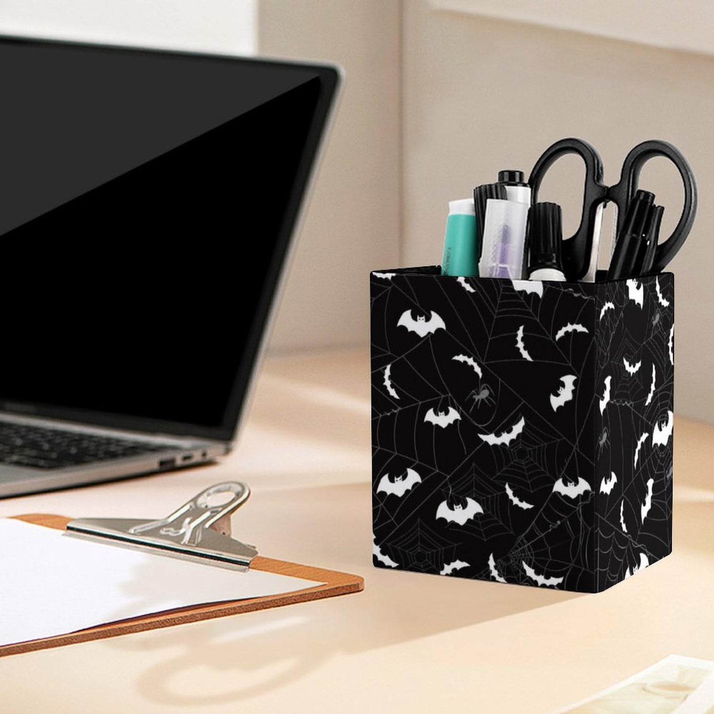 DerlonKaje Bats Square Leather Pen Holder, Minimalist Desk Organizer for Office Home School, Pencil & Stationery Storage Box, Gift for Students Teachers Colleagues