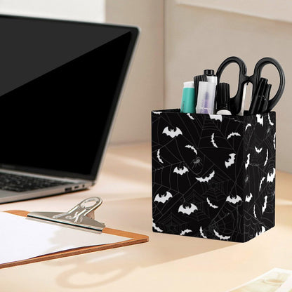 DerlonKaje Bats Square Leather Pen Holder, Minimalist Desk Organizer for Office Home School, Pencil & Stationery Storage Box, Gift for Students Teachers Colleagues
