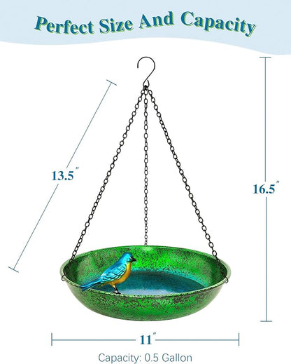 Hanging Bird Bath for Outside, 11” Metallic Green & Blue Metal Birdbath Bowl & Feeder with Black Chain Outdoor Garden Yard Decor (0.5 Gallon)