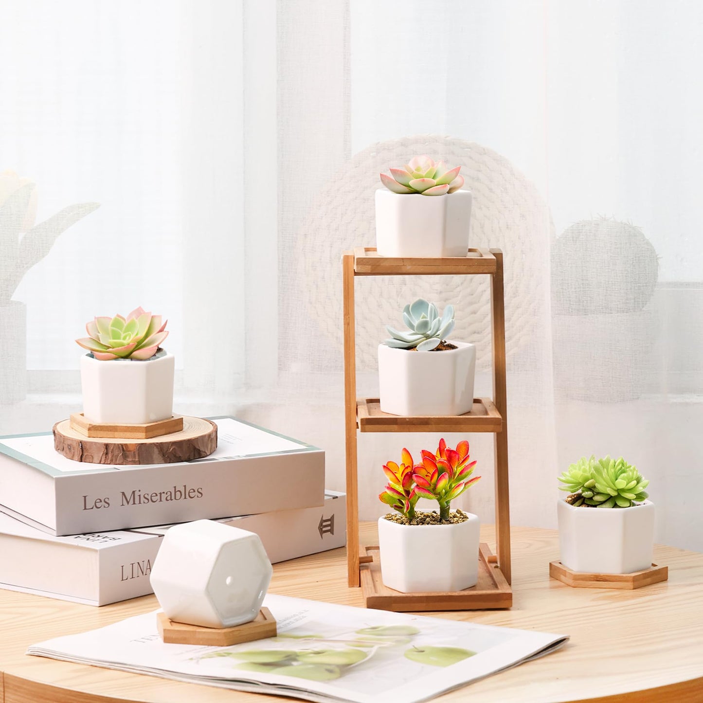 T4U Mini White Succulent Planter Pots with Bamboo Tray Hexagon Set of 12,Tiny Geometric Ceramic Cactus Plant Holder, Plant Gifts for Gardener Women Coworker, Home Office Table Desk Decoration