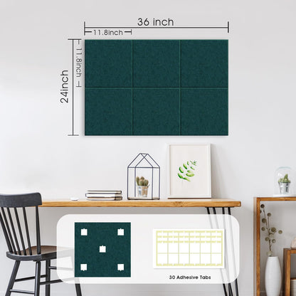 Large Cork Board for Office Wall Decor, 36"x24"- 6 Pack Felt Wall Tiles with Safe Removable Adhesive Tabs, 1/2" Thick, Felt Bulletin Board Pin Board Cork Boards for Walls - Dark Green