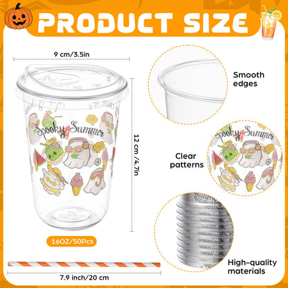 Rtteri 50 Sets Spooky Summer Plastic Cups with Lids and Straws 16 oz Disposable Clear Ghost Themed Cups Bulk for Iced Coffee Juice, Summer Halloween Birthday Party Decorations