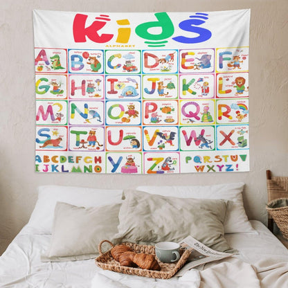 DDCBNS Learning ABC Tapestry,Cartoon Animals Alphabet for Kids Boys Girls,Funny Educational Tapestry Wall Hanging Home Décor for Nursery Study Classroom Bedroom Living Room 80" x 60"
