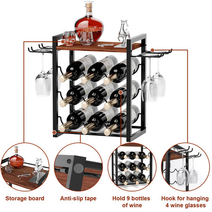 B4Life Wine Rack Countertop, Wine Glass Holder and Bottle Holder with Tray, Countertop Liquor Storage Holds 9 Liquor Bottles and 4 Glasses, Freestanding Liquor Storage for Home, Kitchen, Bar, Cellar