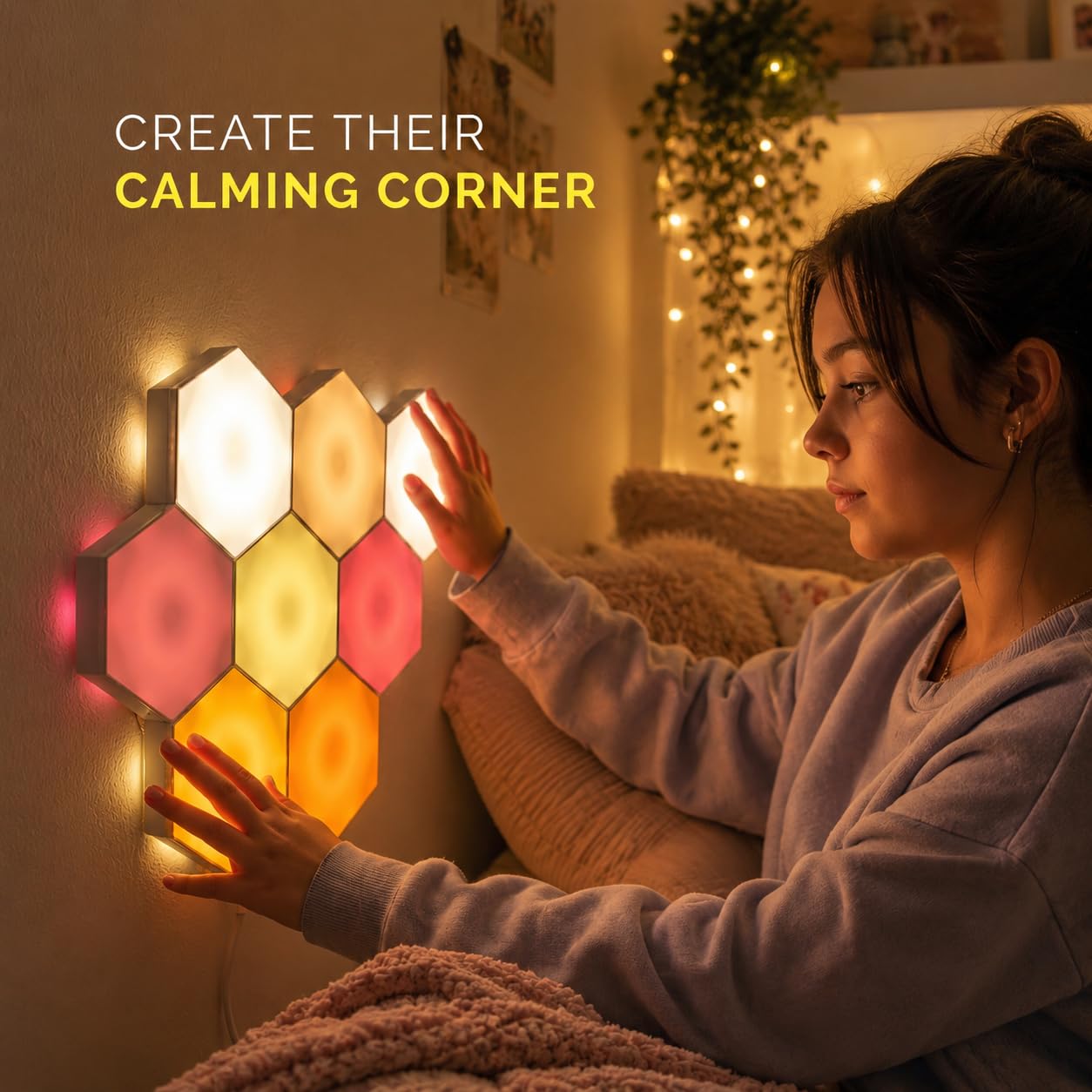 Emberela HEXlights Sensory Lights for Teens - 7pk Touch Hexagon Lights, Remote Controlled - Autism-Friendly Tap Tap Wall LED Panels for Sensory Room - Table Stand Included
