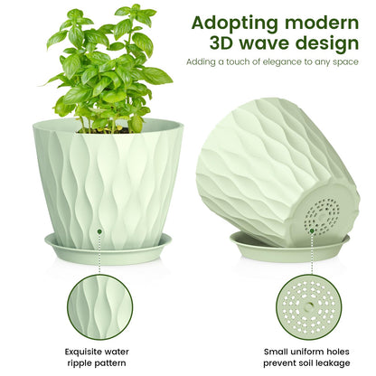 Meowell 7/6.5/6/5.5/5/4.5/4 inch Plant Pots for Indoor Outdoor Plants, 7 Pack Thick Flower Pots with Drainage Holes and Saucers, Modern Wave Texture Plastic Planter Pots for Nursery, Succulent, Green