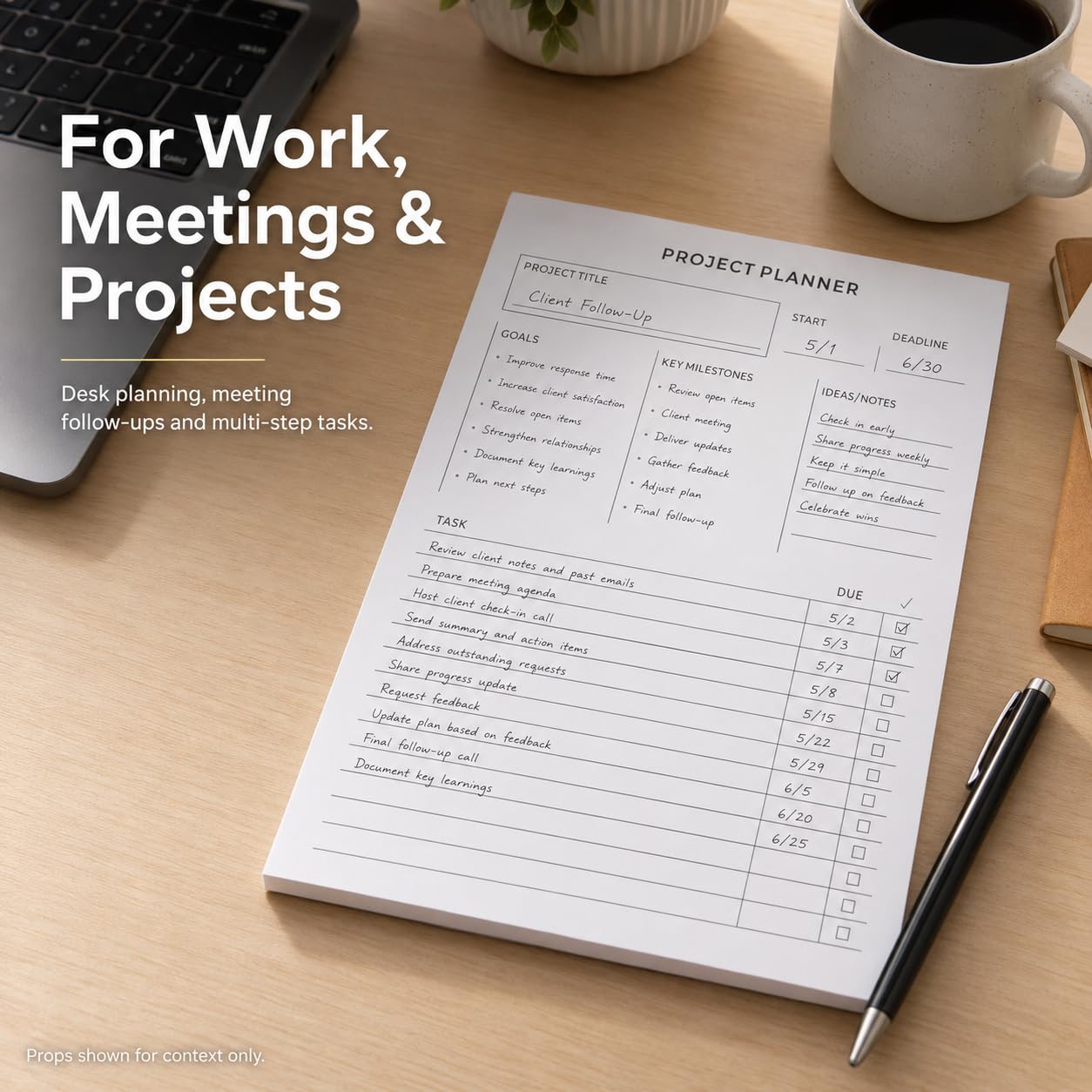 Fynora Project Planner Notepad, 8.5 x 11 Inch Tear-Off Project Planning Pad, 60 Sheets, Single-Sided Task Tracker with Goals, Milestones, Notes and Due Dates for Office, Work and School