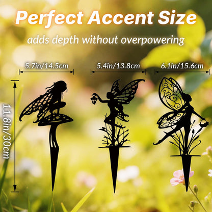 BZHABAOYE Fairy Garden Stakes, Metal Decorative Garden Stakes, Black Fairy Silhouette Yard Art for Flower Bed, Lawn, Planter, Outdoor Garden Decor（Black Set of 3）