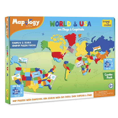 Imagimake Mapology USA & World Map Puzzle with Flags, Capitals, Stickers | Educational Toys for Ages 5-7 | Jigsaw Puzzles for Kids Ages 8-10 | Geography Toys for Age 8-13 | 6 Year Old Boy & Girl Gifts