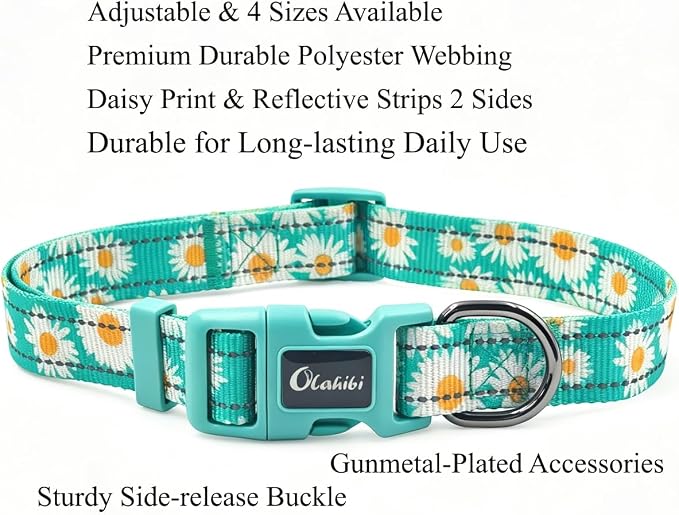 Dog Collar Leash Set, Floral Pattern, with Safety Reflective Strips, 5 ft Matching Leash, Neoprene Padded Handle, Adjustable 4 Sizes for Small Medium Large Dogs.(XS, Green Daisy)