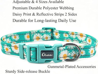 Dog Collar Leash Set, Floral Pattern, with Safety Reflective Strips, 5 ft Matching Leash, Neoprene Padded Handle, Adjustable 4 Sizes for Small Medium Large Dogs.(L, Green Daisy)