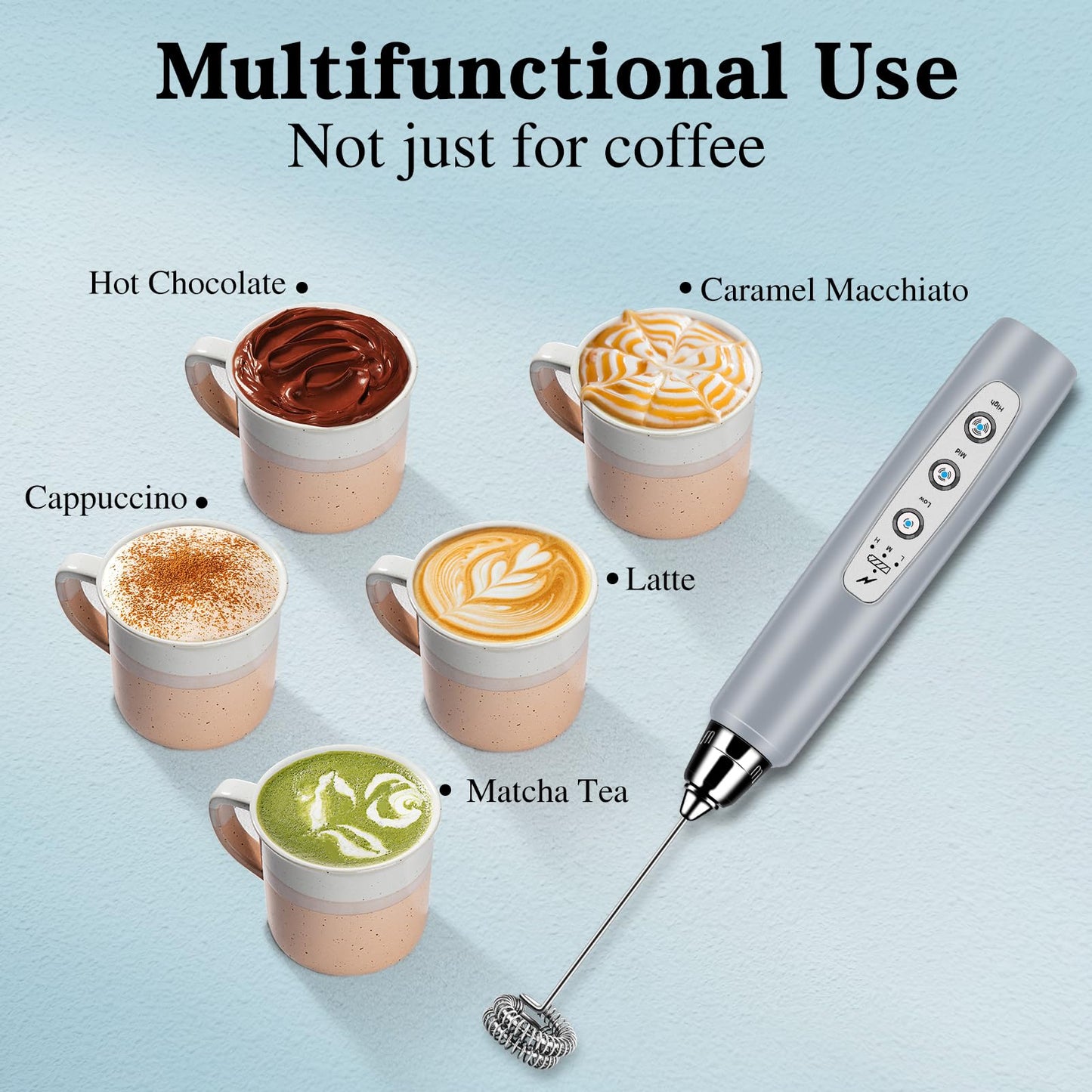 Milk Frother Handheld for Coffee, Electric Whisk 3 Speed Adjustable, Drink Mixer with Stainless 3 Whisks, Rechargeable Hand Frother Wand, Foam Maker for Latte Cappuccino Matcha Egg Silver