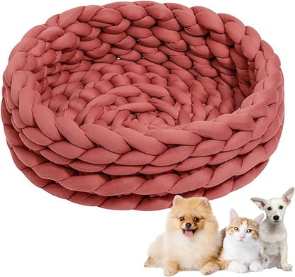 Woven Dog Bed Basket, Knitted Cotton Cat Bed Round Washable Woven Cat Pet Bed Chunky Dog Basket, Orthopedic, Chunky Knit Dog Nest,Dog Bed,Dog Cave,Dog Bedding(Red,21")
