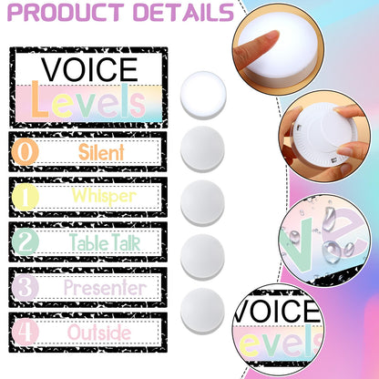 Glooglitter 5 Pcs School Magnetic Voice Level Chart Poster and Push Light Composition Notebook Classroom Decor LED Tap Light Noise Voice Level Sign for Classroom Teachers Back to School Supplies