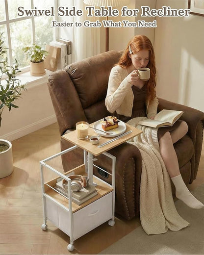Faesun Swivel Lift Top Nightstand with Charging Station, Rolling Side Table for Recliner, Bedside Table with Wheels & a Fabric Drawer, for Small Spaces, for Bedroom, Living Room, Oak White