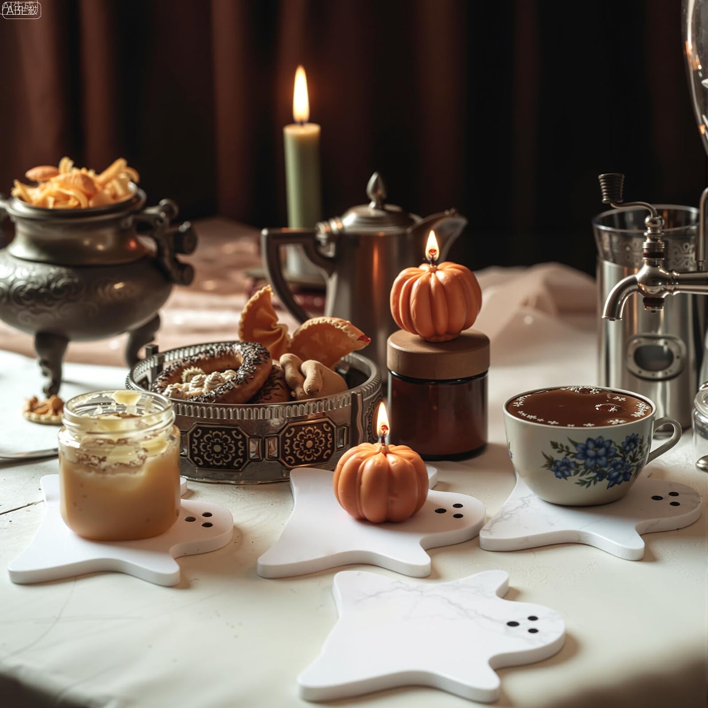 Acellegic 4pcs Marble Coasters Halloween Ghost Coasters 4.7 x 3.9 Inches for Drinks Beverage Boo Mug Cup Car Desk Party Decoration(Halloween Ghost,White)