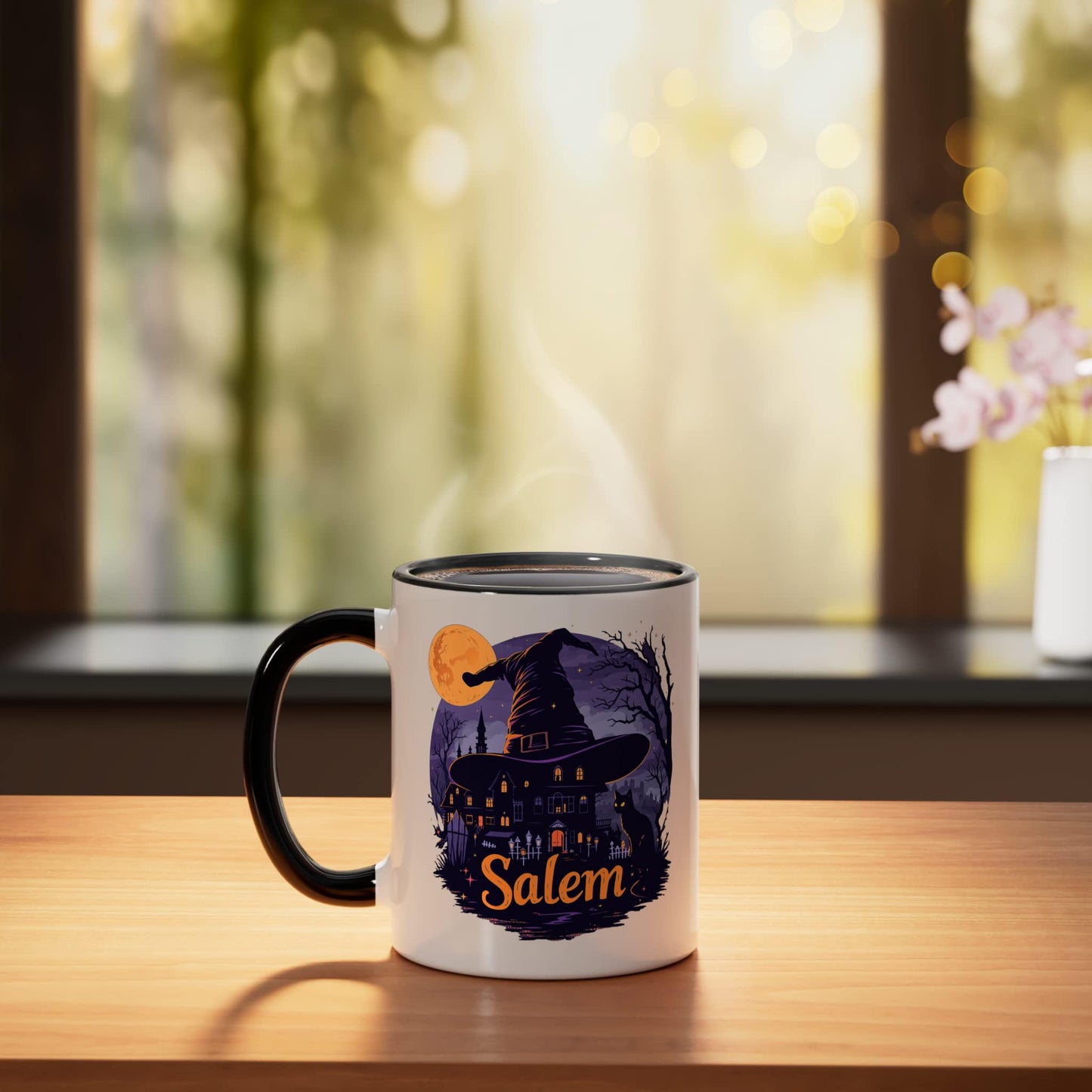 Vintage Salem Massachusetts Halloween Skyline Cityscape Ceramic Mug, Black/White