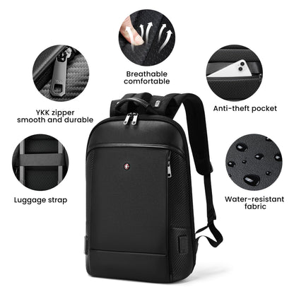 CROSSGEAR Full-Grain Genuine Leather Laptop Backpack, Slim Lightweight Backpack for Men, Charging Port, Fits 15.6” Laptop, Water Resistant, Business Computer Backpack for Work Office Casual, Black