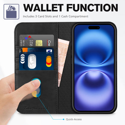 TUCCH Case Wallet for iPhone 16 Plus, [3 Card Holder Slots] Folio PU Leather Cover, [RFID Blocking] Stand Flip TPU Shockproof Interior Case Compatible with iPhone 16 Plus, Black