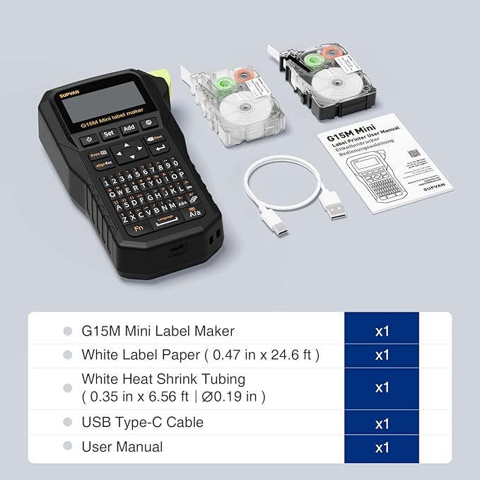 SUPVAN G15M Mini Portable Label Maker Machine with Heat Shrink Tube, Rechargeable 1200mAh Battery Thermal Transfer Printer, Compatible with Multi-Type Label, Home, Garage, Office & Outdoor
