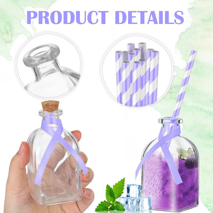 Baderke 12 Pcs Glass Bottles with Cork and Straw 4 oz Mini Empty Glass Bottle for Drinks Reusable Liquor Bottles with Silk Ribbon and Funnels for Cocktail, Wedding Party(Purple)
