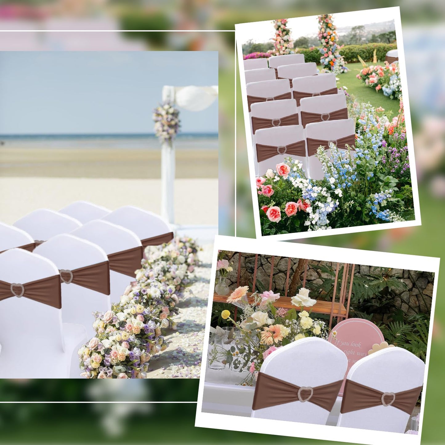 Fbewom Brown Chair Sashes 60 Pack Spandex Brown Sashes for Chairs Universal Spandex Chair Sashes Bands with Heart Buckle Slider for Wedding Banquet Party Decorations