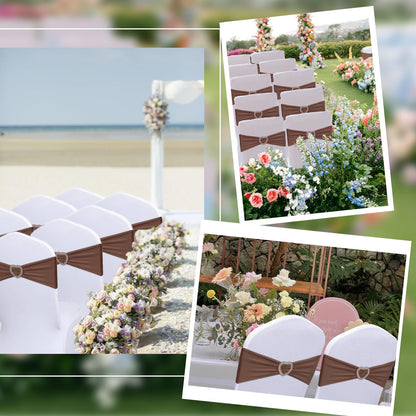 Fbewom Brown Chair Sashes 60 Pack Spandex Brown Sashes for Chairs Universal Spandex Chair Sashes Bands with Heart Buckle Slider for Wedding Banquet Party Decorations
