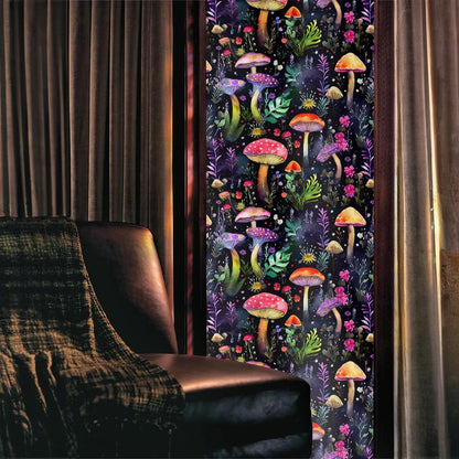 Dark Black Purple Pink Red Mushroom Flowers Stained Glass Window Films Decorative Double-Side Privacy Film Self-Adhesive Static Glass Clings for Living Room Bathroom Decor