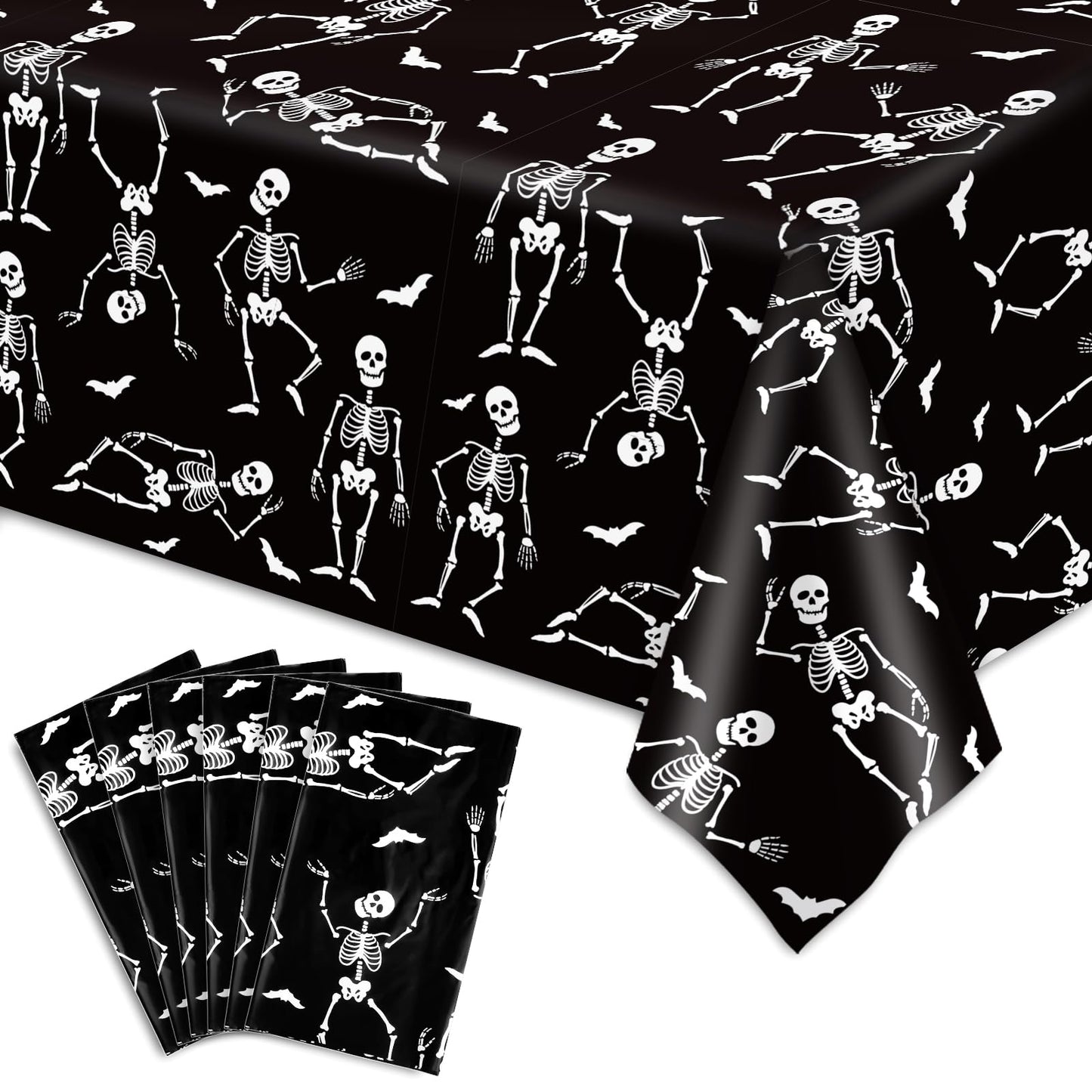 JarThenaAMCS 6 Pcs Halloween Plastic Tablecloth Funny Dancing Skeleton Table Cover Black White Disposable Table Cloth for Halloween Party Home Kitchen Dining Decor, 54 x 108 Inch