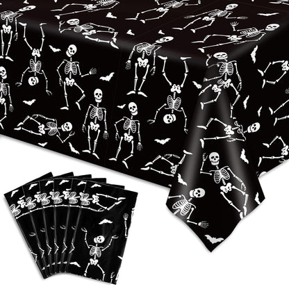JarThenaAMCS 6 Pcs Halloween Plastic Tablecloth Funny Dancing Skeleton Table Cover Black White Disposable Table Cloth for Halloween Party Home Kitchen Dining Decor, 54 x 108 Inch