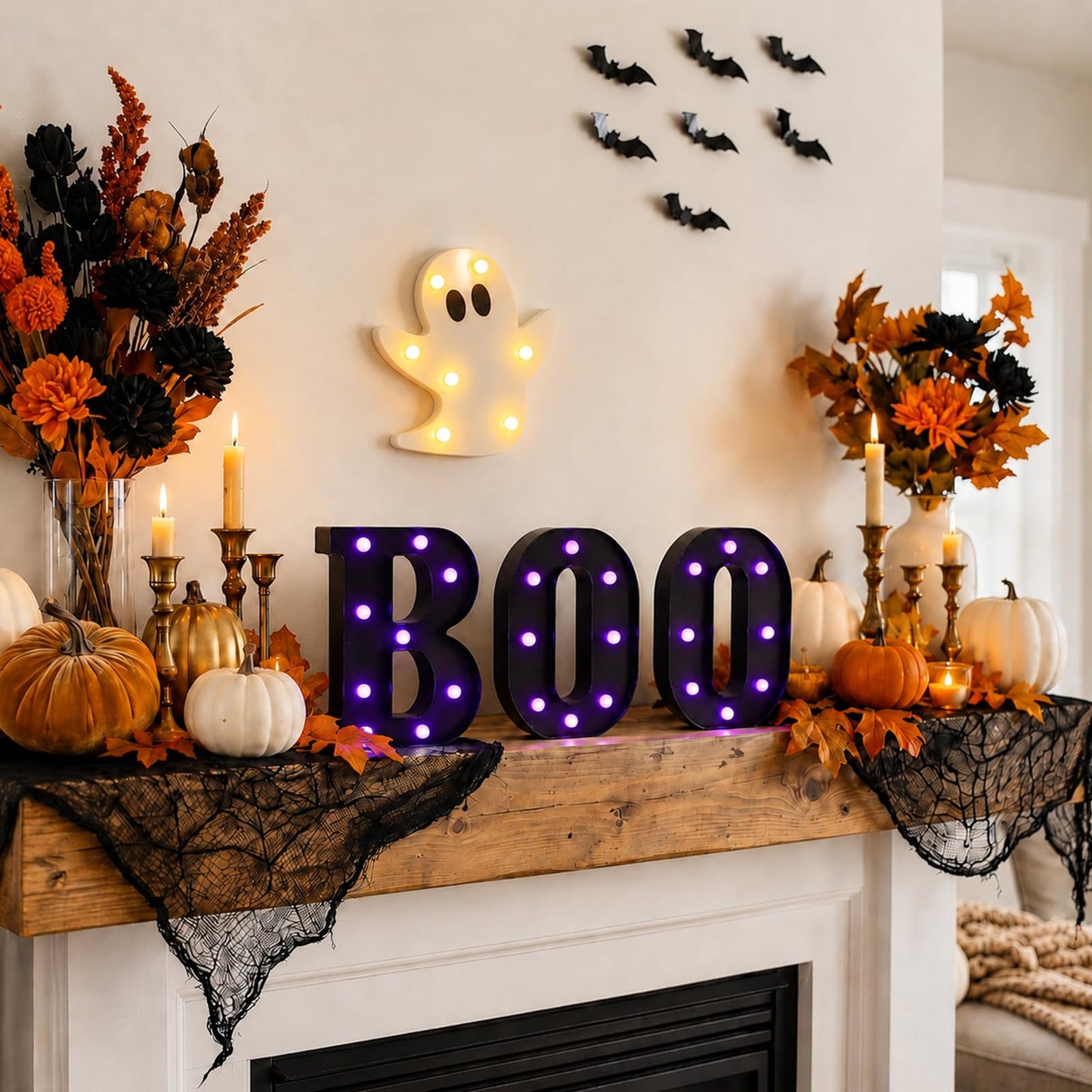 InnovTools Autumn Halloween Decorations BOO Marquee Letters with Ghost Light Purple LED Light Up Sign Spooky Table Centerpiece Wall Decor for Halloween Home Room Indoor Party Battery Operated Signs
