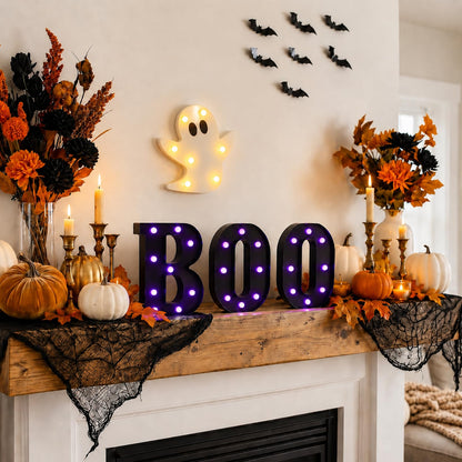 InnovTools Autumn Halloween Decorations BOO Marquee Letters with Ghost Light Purple LED Light Up Sign Spooky Table Centerpiece Wall Decor for Halloween Home Room Indoor Party Battery Operated Signs