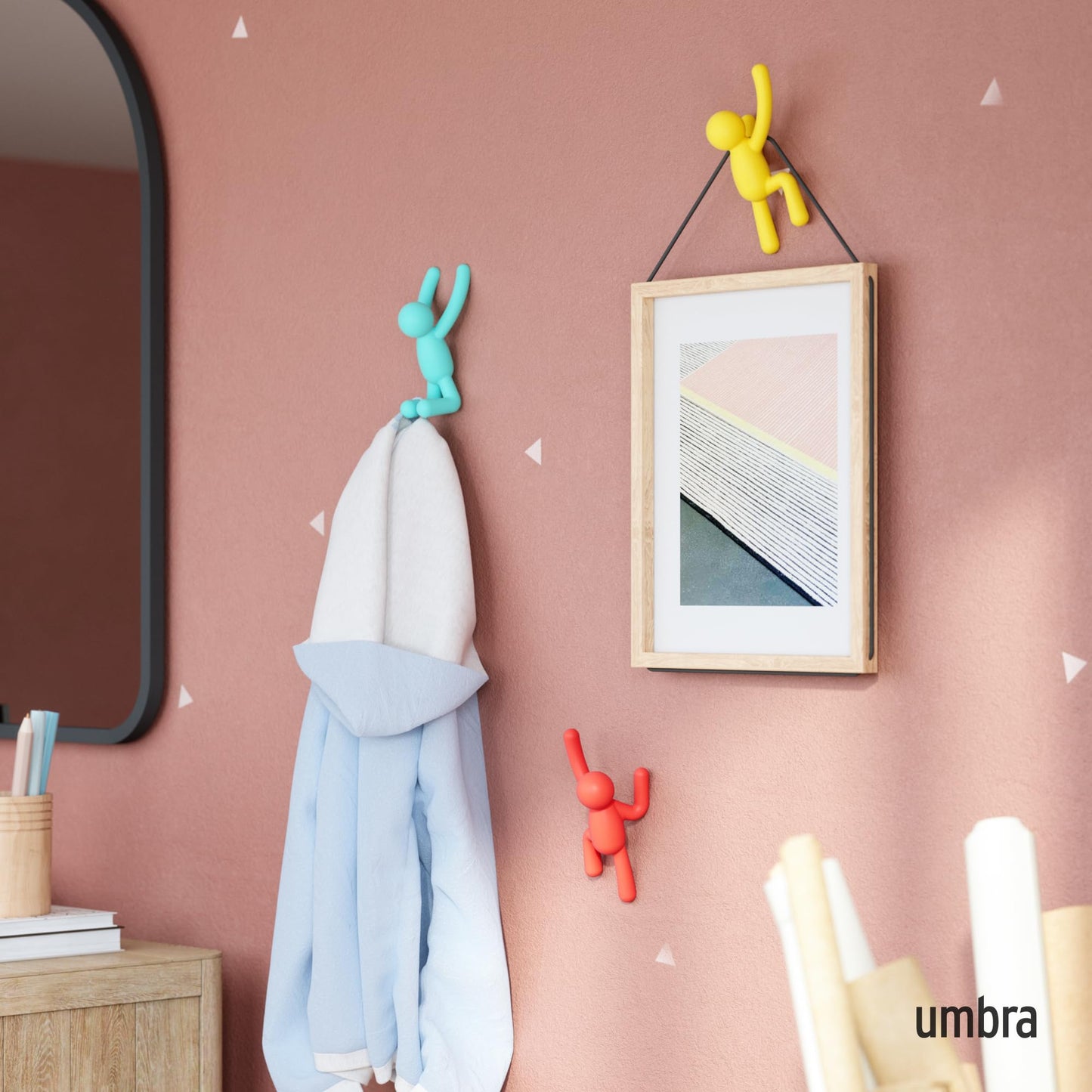 Umbra Buddy Wall Hooks – Decorative Wall Mounted Coat Hooks for Hanging Coats, Scarves, Bags, Purses, Backpacks, Towels and More, Set of 3, Red/Blue/Yellow