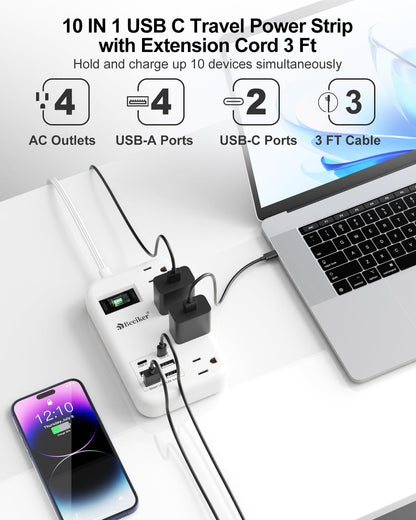 6 USB(2 USB C) Purple Travel Power Strip- 5Ft Lavender Extension Cord with 24W USB Charging Station and 4 Outlets, Purple Desk Accessories with Surge Protector for Cute Kawaii Office Dorm Room