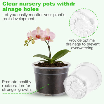 15 Packs Clear Nursery Pots with Drainage for Plants,6.8/6.7/6/5/4.5 Inch High Transparency Plastic Plant Pot Seedling Planter with 3 Decor Planters and Gardening Tools,Reinforced and High Hardness