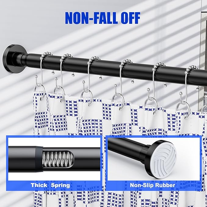 Ausemku Shower Curtain Rod 32-50 Inch Adjustable - 1 Inch Diameter Heavy Duty No drill Spring Tension Shower Rod, Non-Slip Rustproof Telescopic Rod for Bathroom, Black