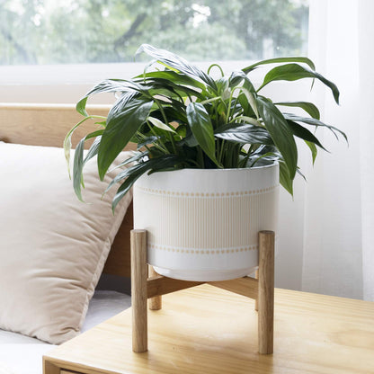 LA Jolie Muse Ceramic Planter with Wood Stand - 8 Inch Boho Dot-Line Pattern Cylinder Flower Plant Pot for Indoor, Yellow Beige & Bright White