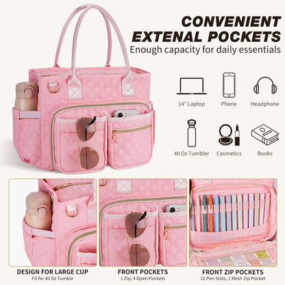 KOPKOFT Large Bible Cover Case for Women, Quilted Church Tote Bag with Shoulder Strap, Bible Study Supplies Journaling Kit Bible Accessories, Christmas Christian Gift for Women (Pink)