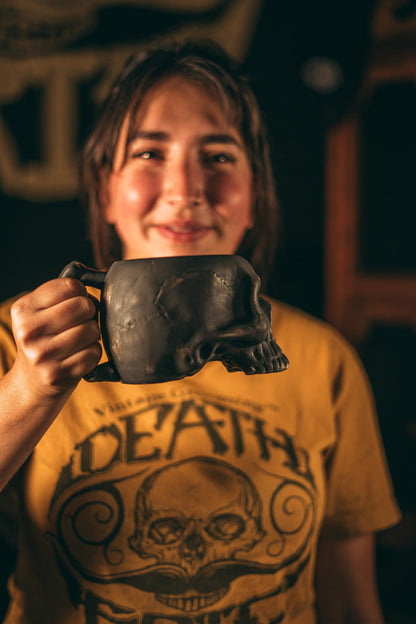 Skull Mug | Black Ceramic Coffee Cup (8 oz) | Gothic Halloween Mug for Tea, Espresso, Cocoa | Dishwasher & Microwave Safe | Unique Gift for Horror Fans, Goth Decor, Skeleton Lovers