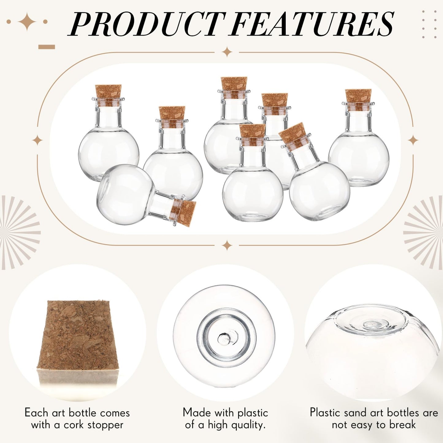 Bokon 25 Pack 1oz Plastic Mini Potion Bottles with Corks, Small Sand Art Jar Tiny Clear Liquor Bottles Bulk Wishing Vial for Birthday Halloween Valentines Party Favor DIY Craft (1.4x1.8 Inch,Round)