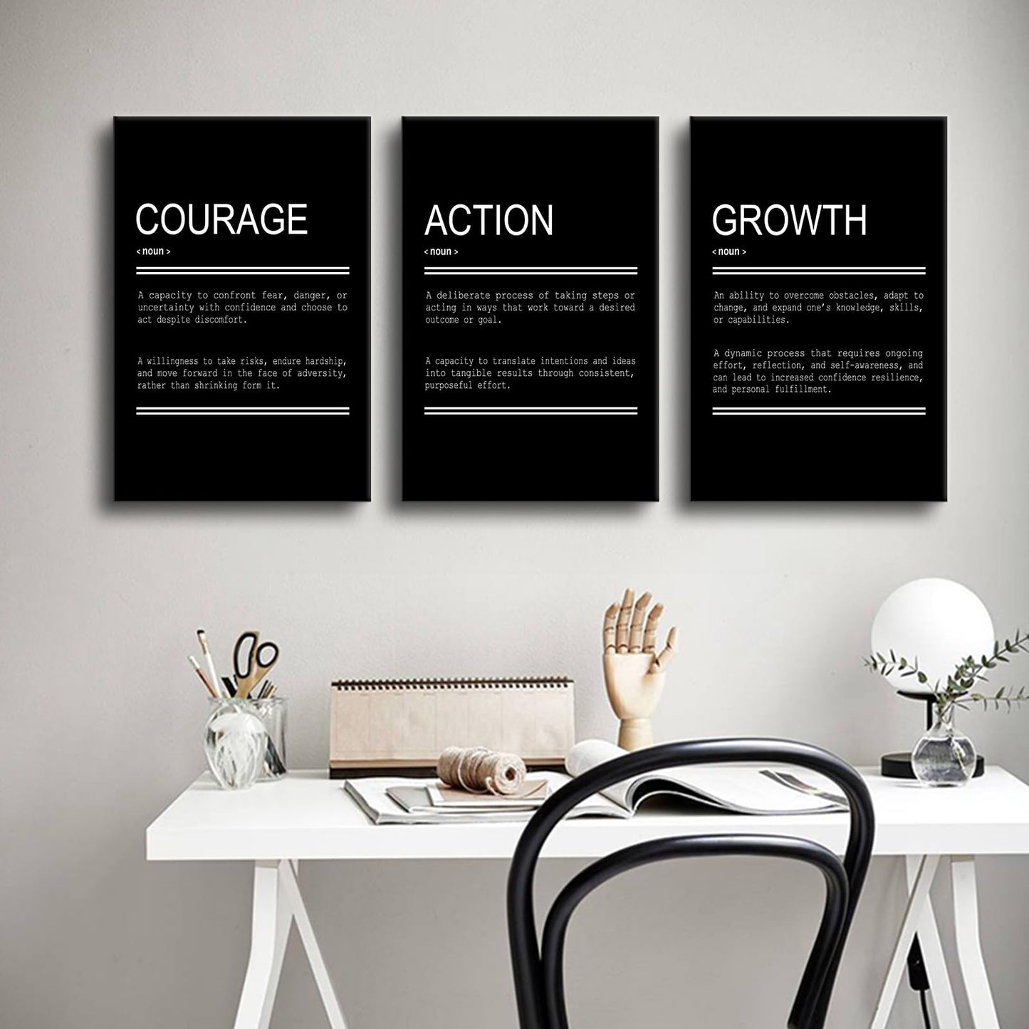 YSPCSUN Triptych Wall Decor Inspirational Posters for Office, Black White Courage Action Growth Quote 3 Panel Canvas Prints for Home Office Dorm Classroom, 48x24 Inch Display