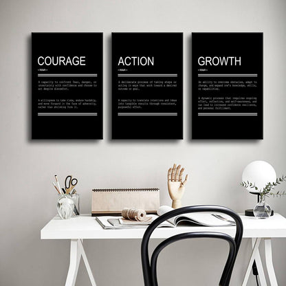 YSPCSUN Triptych Wall Decor Inspirational Posters for Office, Black White Courage Action Growth Quote 3 Panel Canvas Prints for Home Office Dorm Classroom, 48x24 Inch Display