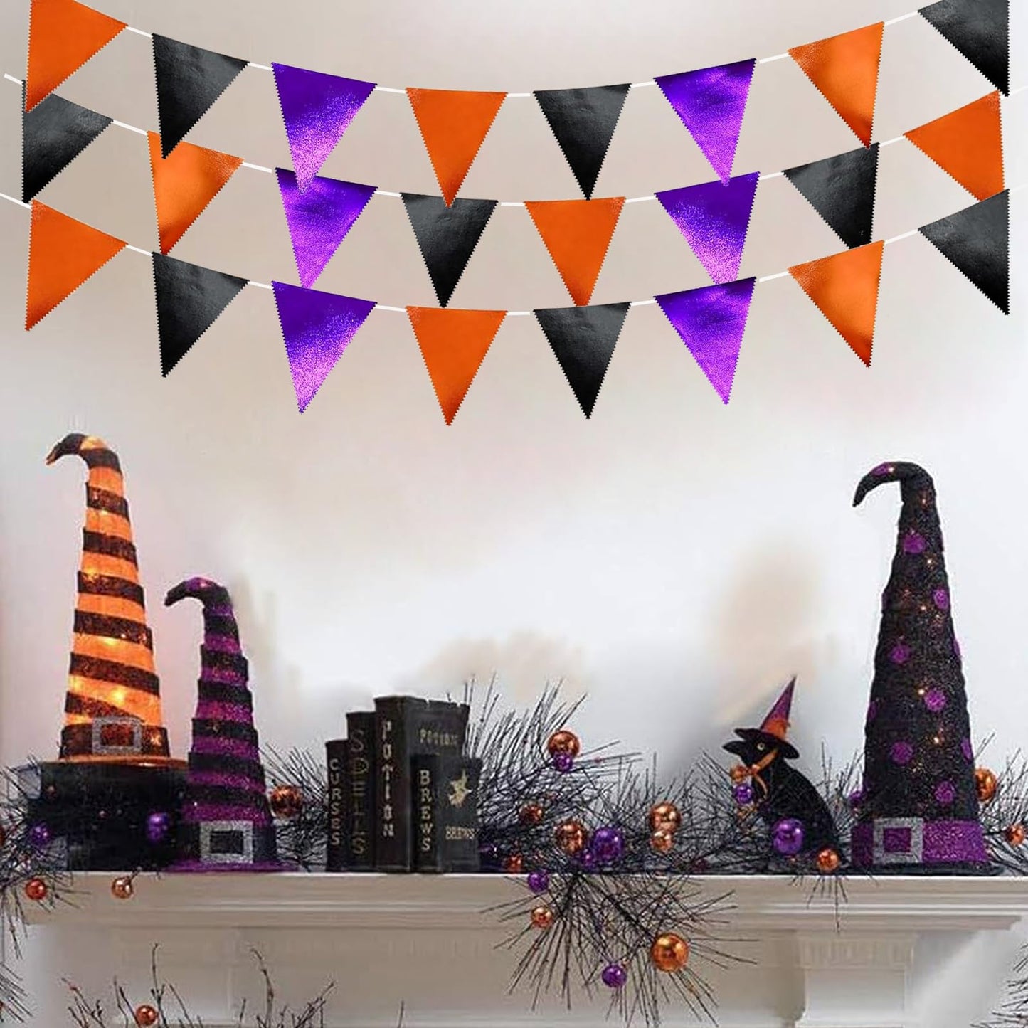 Zwiebeco 39Ft Black Orange Purple Glitter Fabric Bunting Banner Triangle Flags Hanging Cotton Pennant Banner for Birthday Wedding Engagement Halloween Theme Party Home Garden Decorations Supplies