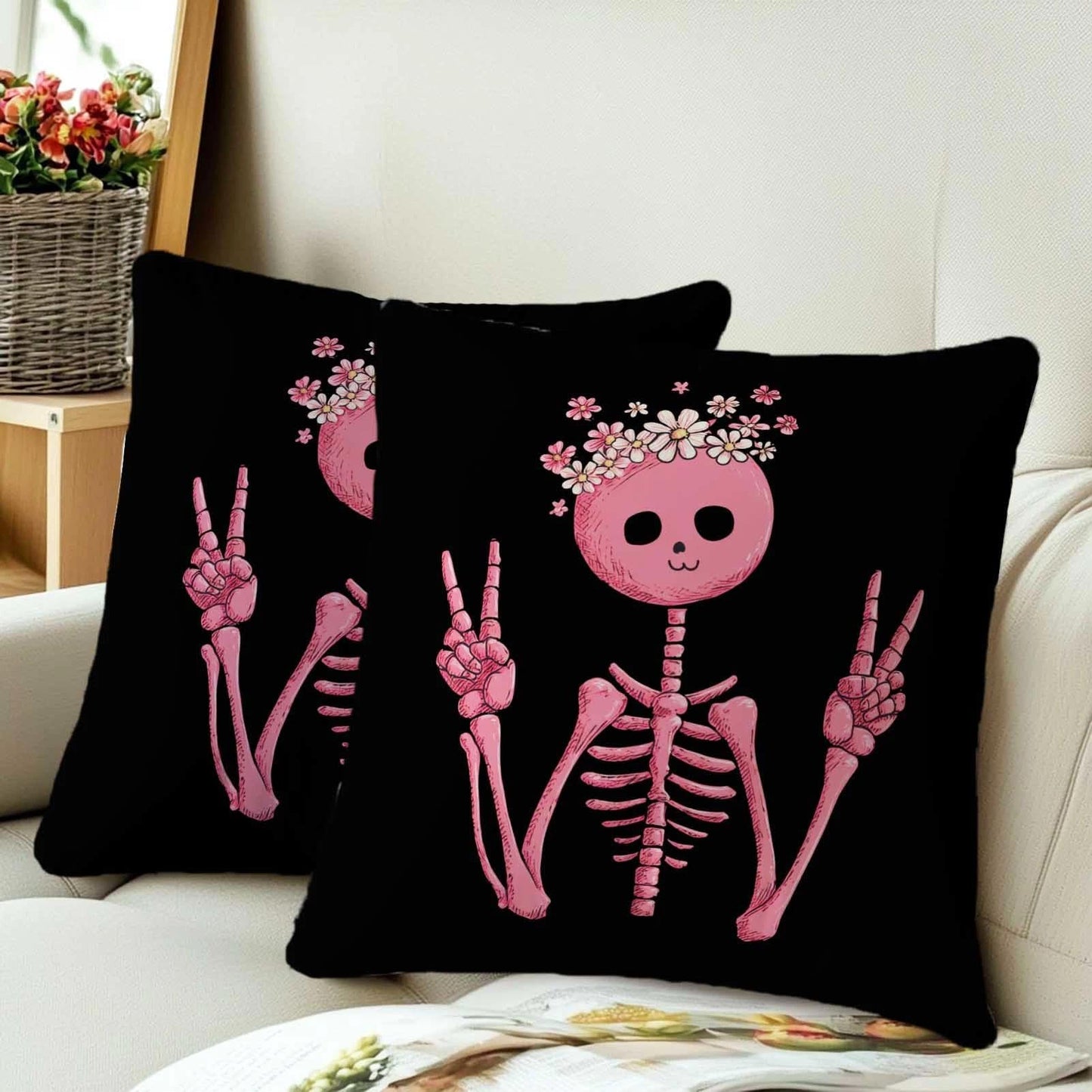 ZwenPdoe Skeleton Throw Pillow Covers 18x18 Set of 2 | Cute Pink Skull Decorative Cushion Covers with Hidden Zipper | Halloween Gothic Aesthetic Pillowcases for Couch Sofa Bedroom Decor