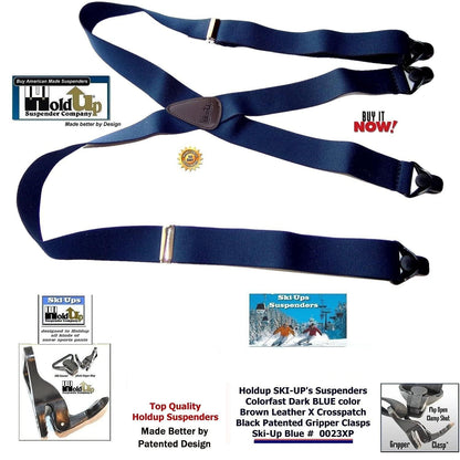 Holdup Ski-Ups Blue 1 1/2" Suspenders for Men with USA Patented Black Composite Plastic Gripper Clasps