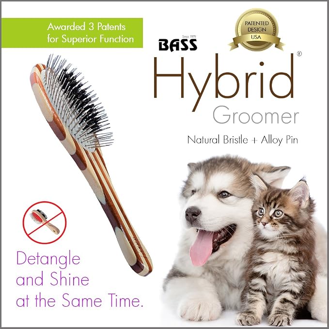 Bass Brushes | The Hybrid Groomer | Shine & Condition Pet Brush | Patented & Award Winning Pet Brush | Natural Bristle + Alloy Pin | Pure Bamboo Handle | Small Oval | Striped Finish | Model A13-SB