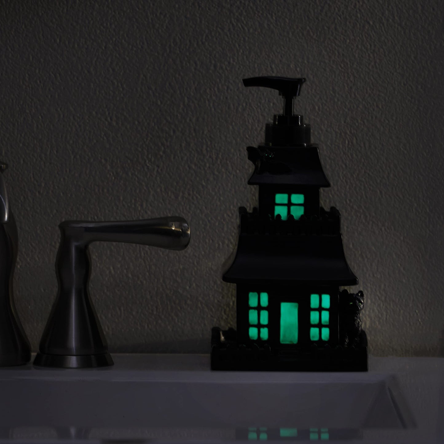 SKL Home Halloween Haunted House Glow-In-The-Dark Soap Dispenser for Bath/Kitchen & Gift, Black